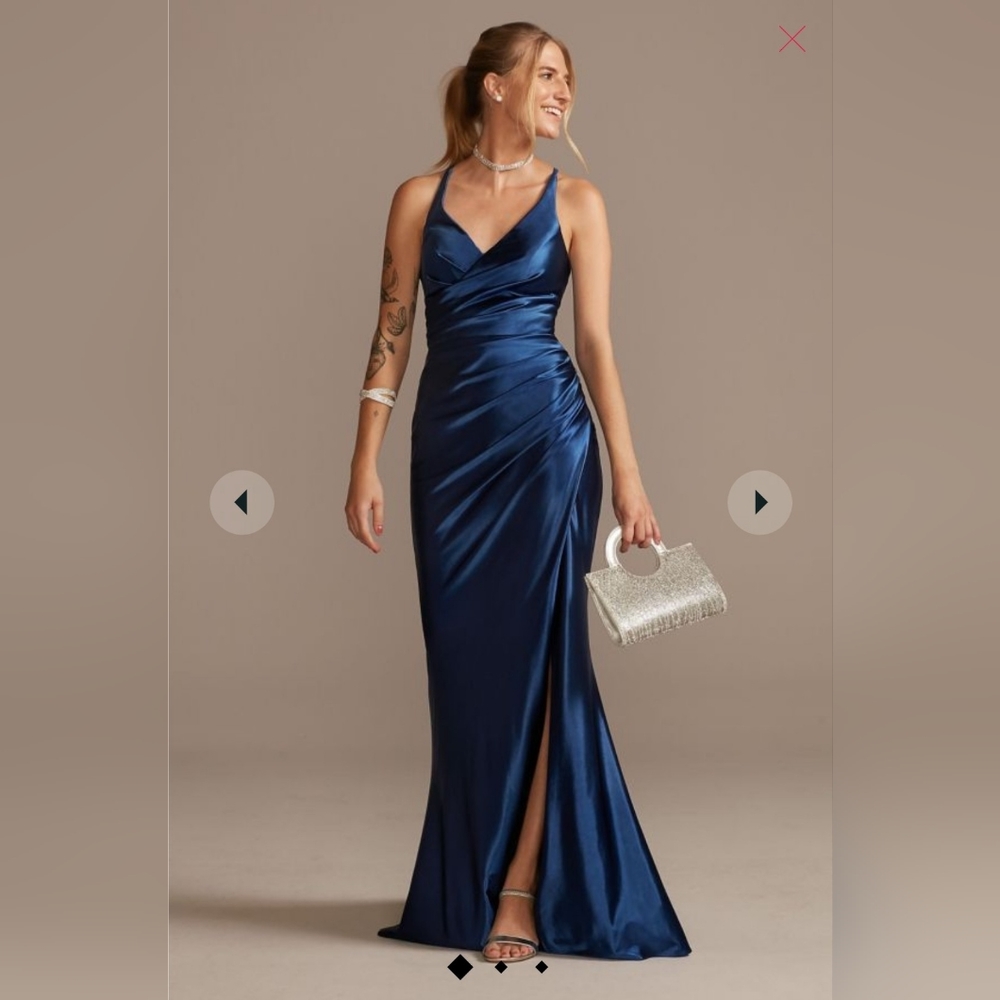 JULES AND CLEO ruched v-neck stretch satin sheath gown with slit STYLE# WBM2299